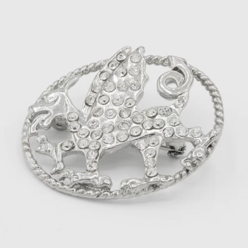 A product image for the product Silver Coloured Stoned Welsh Dragon Oval Brooch .